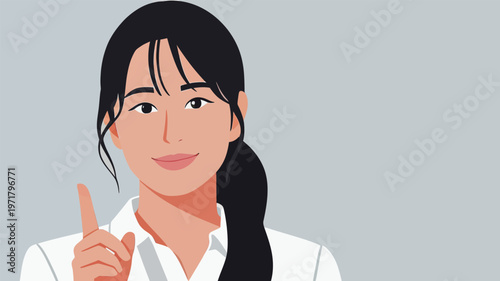 Woman with a ponytail making a gesture to suggest a point during a discussion in a simple background