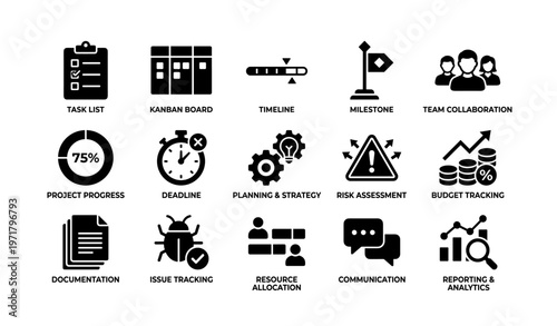 Project management icons: task list, kanban, timeline, milestone, collaboration, progress