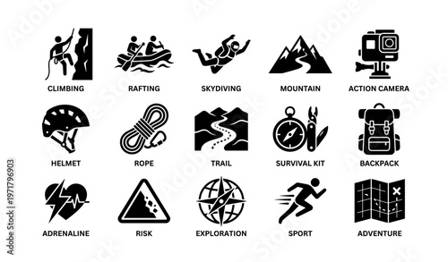 Adventure icons set: climbing, rafting, skydiving, mountain, camera, helmet, rope, trail