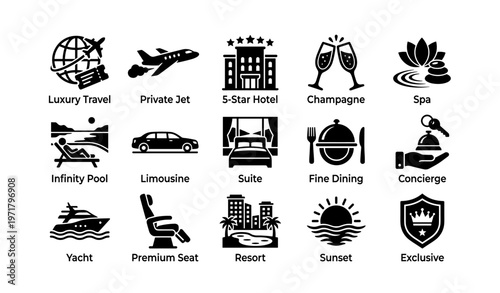 Luxury travel icons featuring private jet, 5-star hotel, yacht, champagne, spa