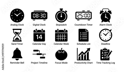 Time management icons: clocks, timers, calendars, and productivity tools