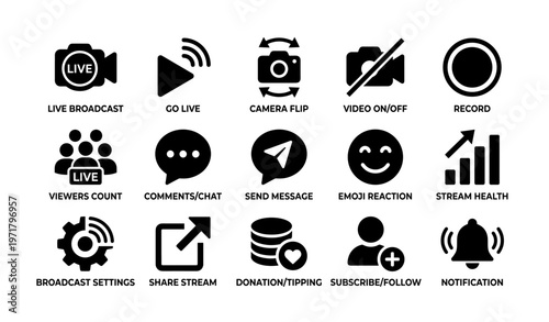 Live streaming icons set including camera, comments, emoji, subscribe, and share symbols