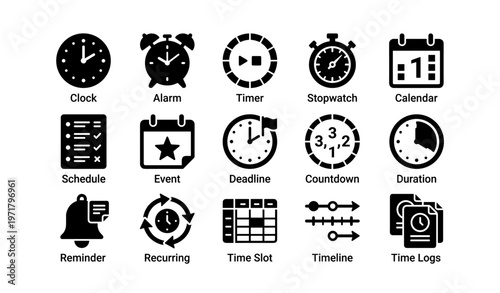 Set of clock and time management icons for scheduling and reminder tools