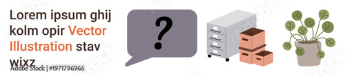 Workspace organization, office management, file storage, interior decor, digital communication, education. Speech bubble, file cabinets and plant. Workspace organization and office management