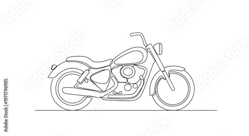 Outline drawing of a classic cruiser motorcycle on a white background