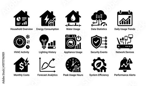Smart home energy and device usage monitoring icons for efficient management