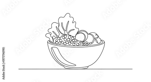 Simple Line Art Bowl of Salad with Lettuce and Eggs