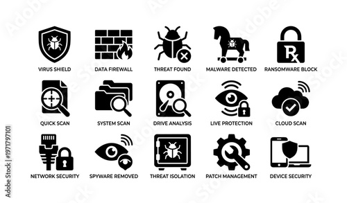Cybersecurity icon set: virus protection and threat detection symbols