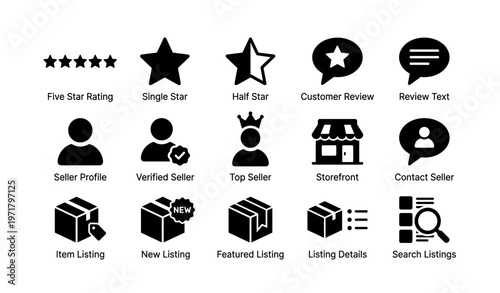 E-commerce icons: rating, seller profiles, listings, storefront, reviews