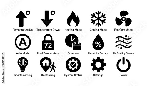 Smart thermostat icons: temperature, modes, sensors, and power control symbols