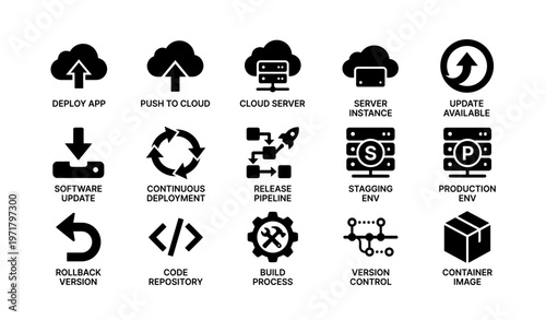 Cloud computing icons set: deployment, servers, updates, version control, and pipelines