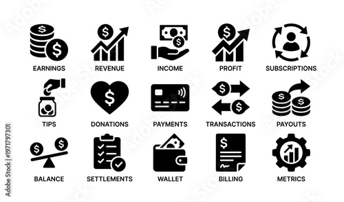Finance and business icons for earnings, revenue, income, and profit tracking