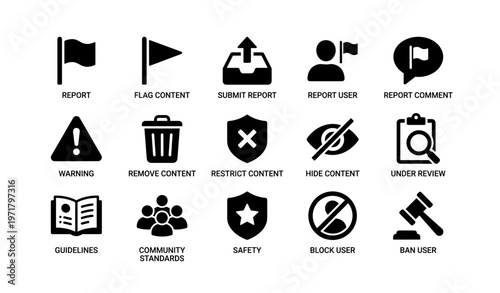 Content moderation icons set: report, warning, ban, safety, community