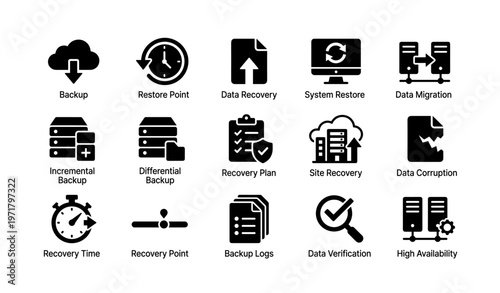 Data backup and recovery icons set for system restore and data migration