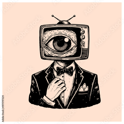 illustration of a man with a television head wearing a formal suit hand drawn vector