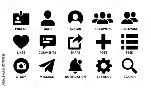 Social media icon set: profile users followers likes comments share post settings search