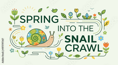 Spring Snail Crawl Graphic with Floral Elements