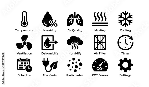 Smart home climate control icons: temperature, humidity, air quality, ventilation, settings