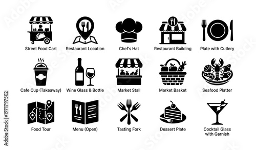 Icons of culinary culture: food cart, restaurant, and market symbols