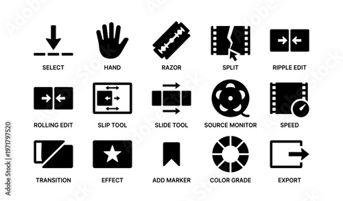 Video editing icons collection for tools and effects in video production