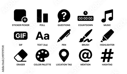 Social media icons: sticker, poll, questions, countdown, music, gif, text, pen, brush