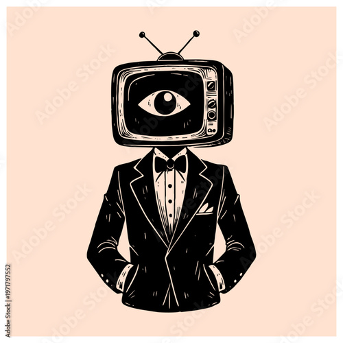 illustration of a man with a television head wearing a formal suit hand drawn vector