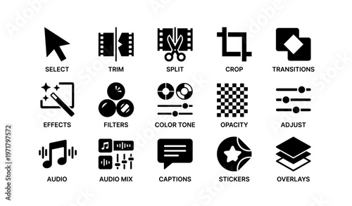 Video editing tools icons: select, trim, split, crop, transitions, and more