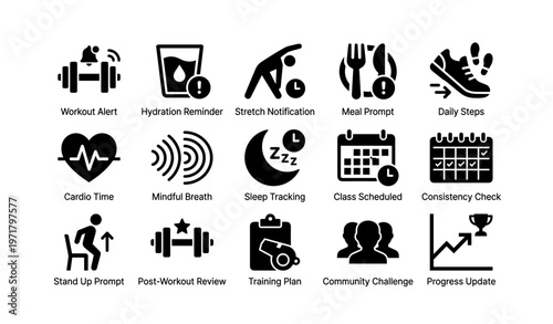 Fitness app icons: workout, hydration, sleep, meal, schedule reminders