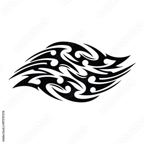 A striking black tribal flame-like graphic design, often used as a car bonnet sticker, features intricate swirling patterns with sharp, dynamic edges against a clean white background