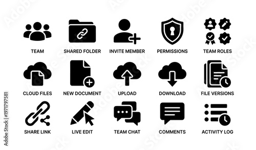 Team collaboration icons: file sharing, permissions, communication tools