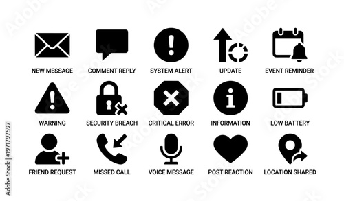 Black icon set representing alerts, messages, and system notifications