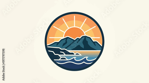 Scenic Landscape Emblem with Mountains Sun and Ocean