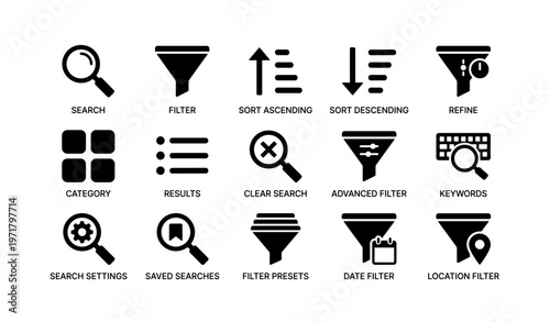Search and filter icons set with various functional symbols