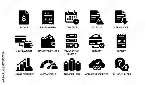 Finance and billing icons: invoice, payment, subscription, receipt, billing support