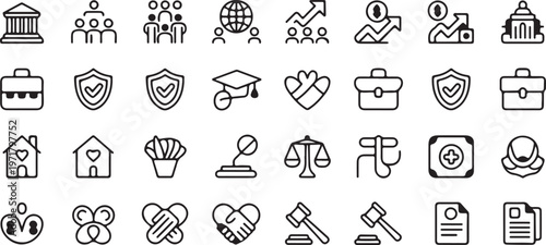 Minimal social policy thin line icons set, editable stroke vector for governance, community, rights, regulations, and civic engagement symbols