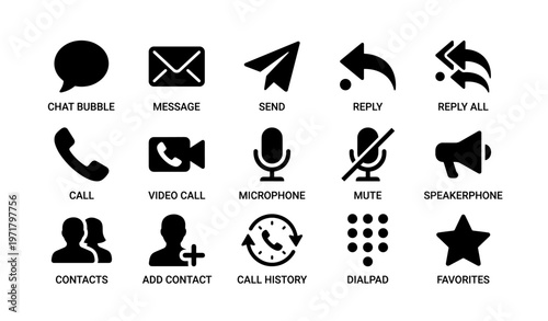 Communication icons: call, message, microphone, contacts, favorites