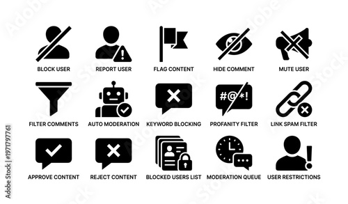 Social media moderation tools and functions icon set