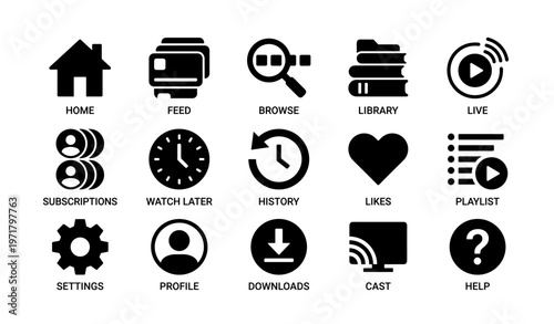 Set of sixteen black media and navigation icons on white background