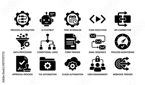 Automation icons set featuring ai chatbot, task scheduler, email sequence, and more