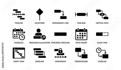 Project management icons: gantt, timeline, resource allocation, task bar, milestone