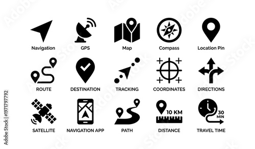 Navigation icons: gps, compass, map, location pin, satellite tracking