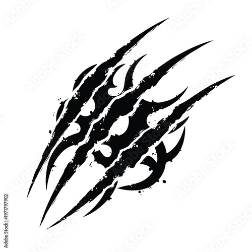Sharp tribal claw marks with a distressed biohazard symbol graphic, rendered in black ink on a clean white background, conveying a dangerous and aggressive aesthetic