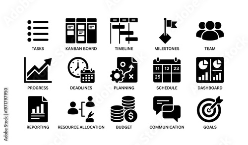 Business icons set: tasks, kanban board, timeline, milestones, team, progress, deadlines, goals