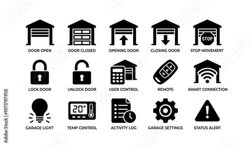 Garage door icons set: open close lock user control remote connection settings