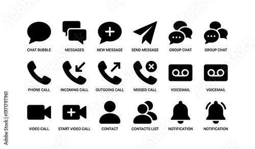 Communication icons: call, message, video, voicemail, notification symbols