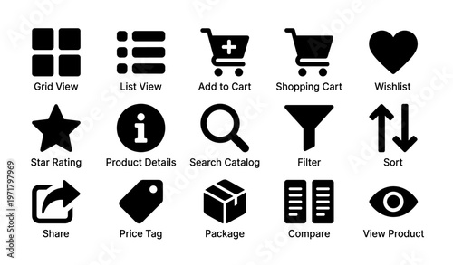 E-commerce icon set: shopping, cart, wishlist, filter, compare