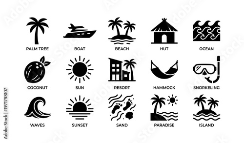 Tropical icon set: beach, palm tree, ocean, sun, island, boat, hammock