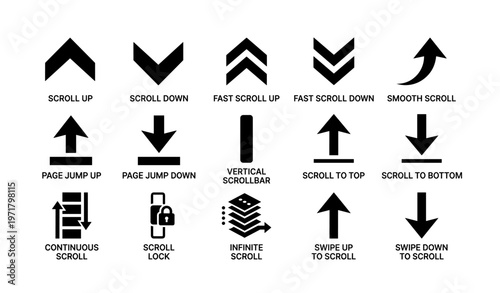 Set of black scrolling icons: arrows and scroll indicators