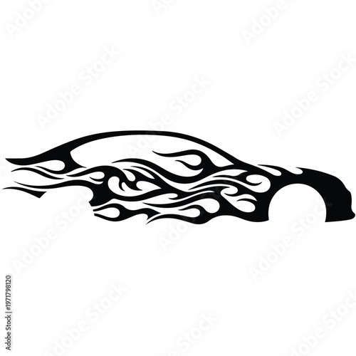 A black tribal flame graphic decal silhouette adorns the side of a car bonnet, creating a dynamic and aggressive visual effect against a white background