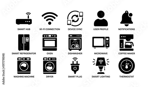 Smart home icons: appliances, connectivity, user profiles, notifications